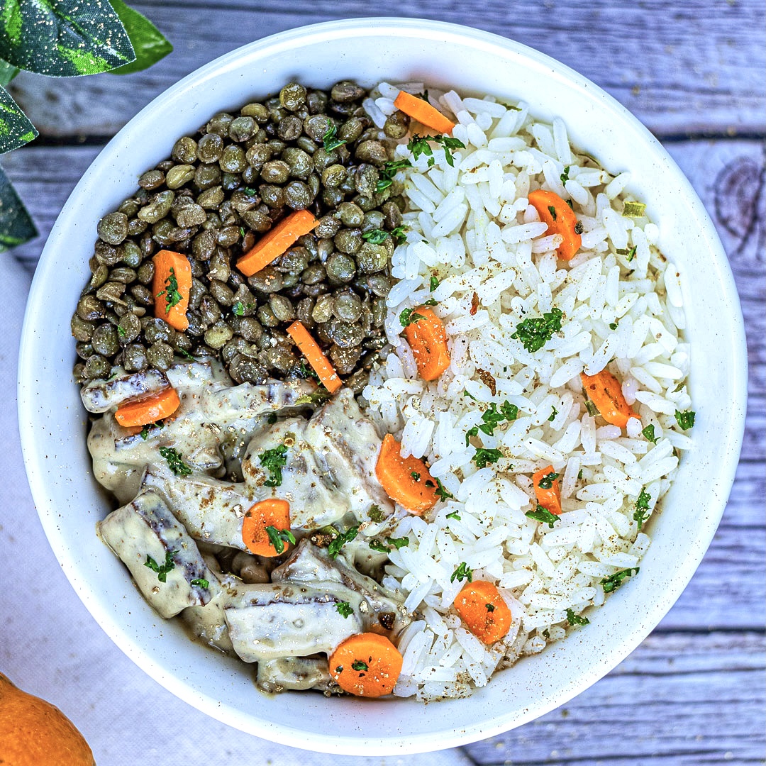 Bowl of rice, smoked tofu and lentils