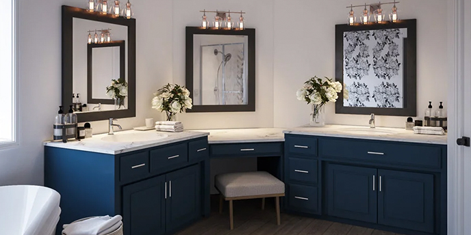 Large Bathroom With Navy Blue Double-Vanity